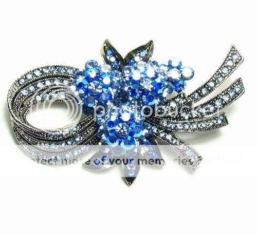 RIBBON BLUE AUSTRIAN RHINESTONE BROOCH PIN FLORAL  