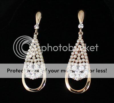 TEAR DROP AUSTRIAN CRYSTAL RHINESTONE PEARL EARRINGS CHANDELIER GOLD 