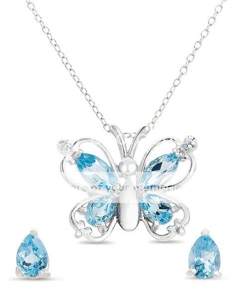 NEW .925 Sterling Silver Butterfly Pendant and Earrings Set Diamond 